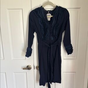 Belted Navy Ruffled Long Sleeve Dress